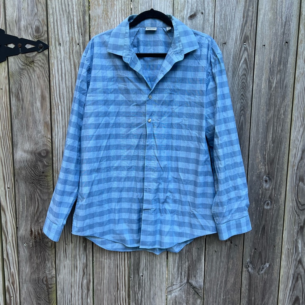 Kenneth Cole Reaction Slim Fit Blue Plaid Button Down Shirt Sz 17 32/33
